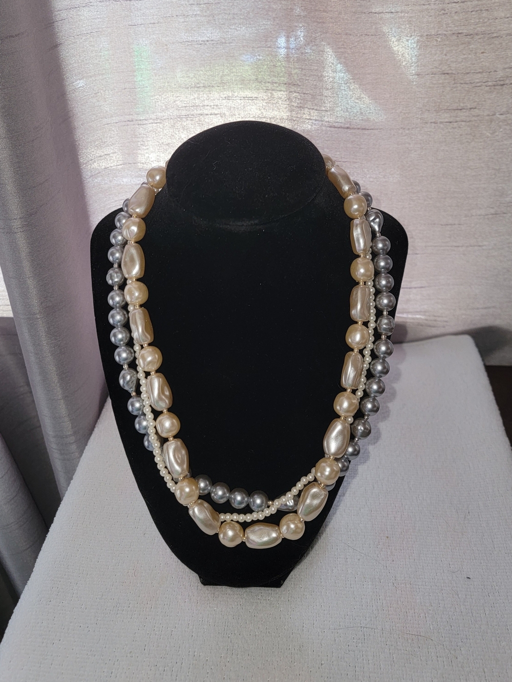 Triple-Strand Faux Pearl Necklace in Ivory and Silver Tones